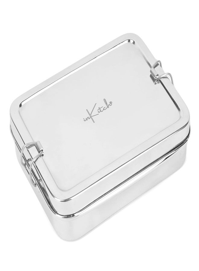 inKitch Stainless Steel Square Tiffin Box for Kids & Office | 650ML Rectangle Lunch Box with Inner Box & Locking Clip | Leak-Proof Steel Tiffin for School, College & Work | Durable & Food Safe - Image 3