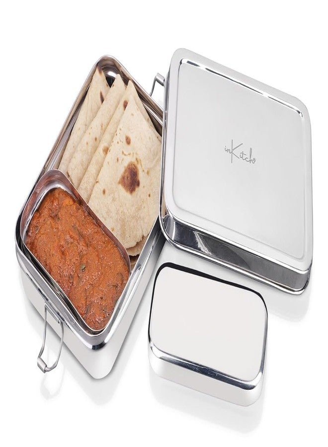 inKitch Stainless Steel Square Tiffin Box for Kids & Office | 650ML Rectangle Lunch Box with Inner Box & Locking Clip | Leak-Proof Steel Tiffin for School, College & Work | Durable & Food Safe - Image 1