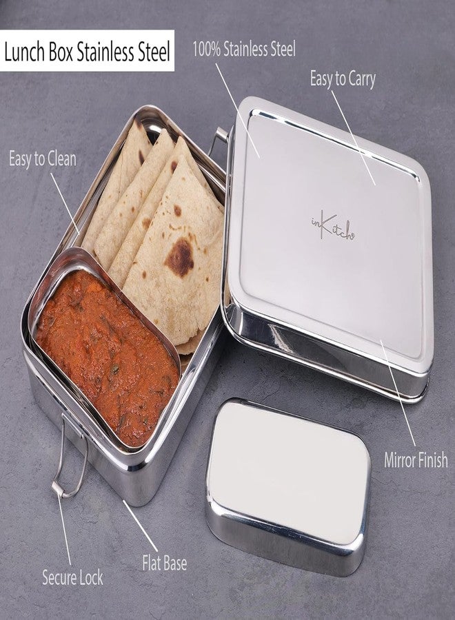 inKitch Stainless Steel Square Tiffin Box for Kids & Office | 650ML Rectangle Lunch Box with Inner Box & Locking Clip | Leak-Proof Steel Tiffin for School, College & Work | Durable & Food Safe - Image 5