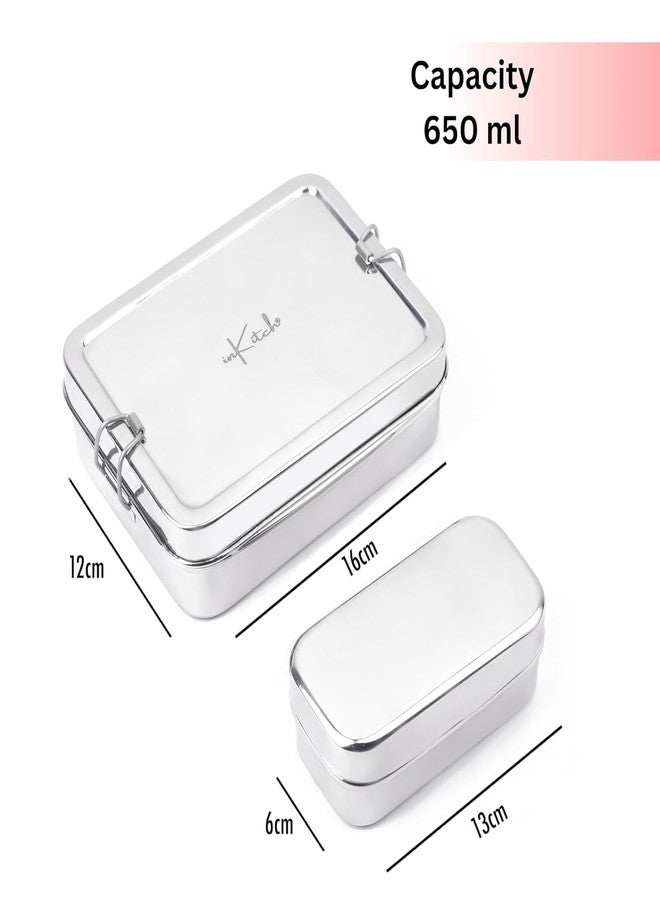 inKitch Stainless Steel Square Tiffin Box for Kids & Office | 650ML Rectangle Lunch Box with Inner Box & Locking Clip | Leak-Proof Steel Tiffin for School, College & Work | Durable & Food Safe - Image 2