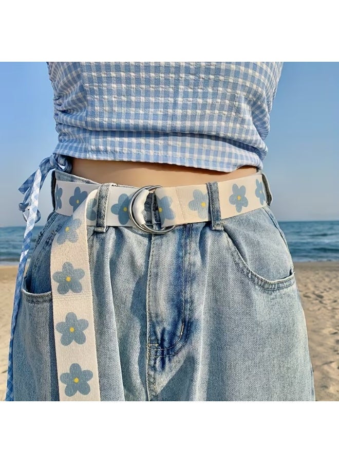 Goolsky Women's Blue Floral Print Belt with White Daisy Buckle - & Yellow Flower Waist Cinch for Jeans, Dresses, Casual & Wedding - Hand Washable Belt for Parties, Beach, Casual Attire (Standard Size) - Image 1
