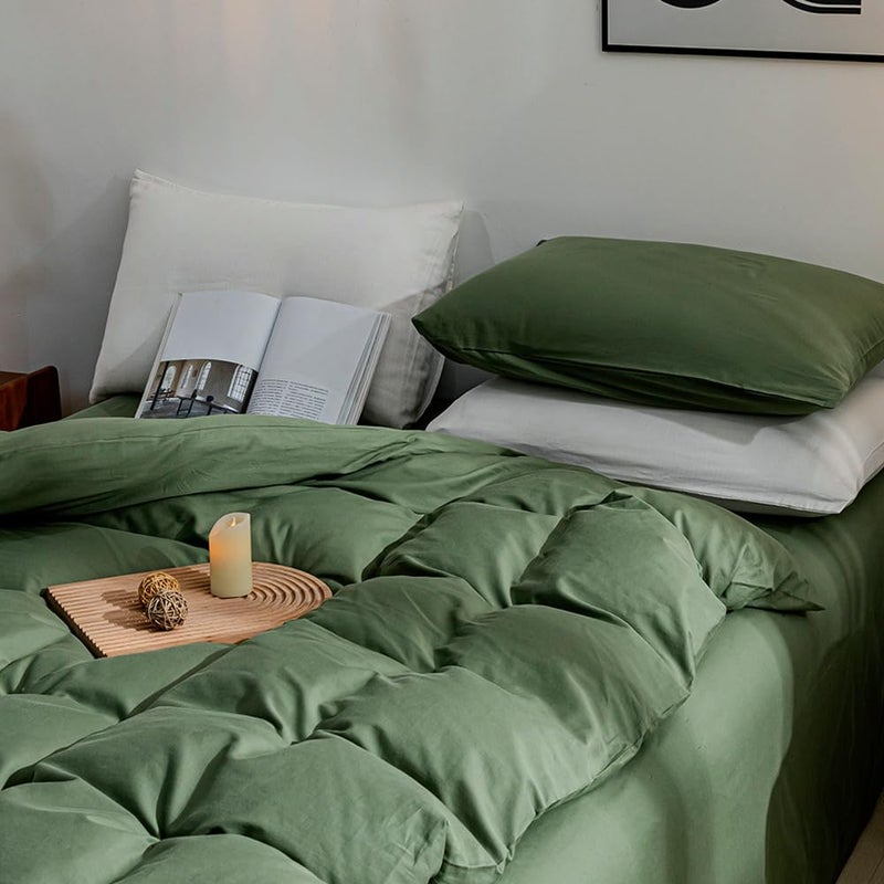 JELLYMONI Green Duvet Cover Twin Size - 100% Washed Cotton Linen Feel Textured Comforter Cover, 2 Pieces Breathable Soft Bedding Set with Zipper Closure (Green, Twin 68"x90") - Image 2