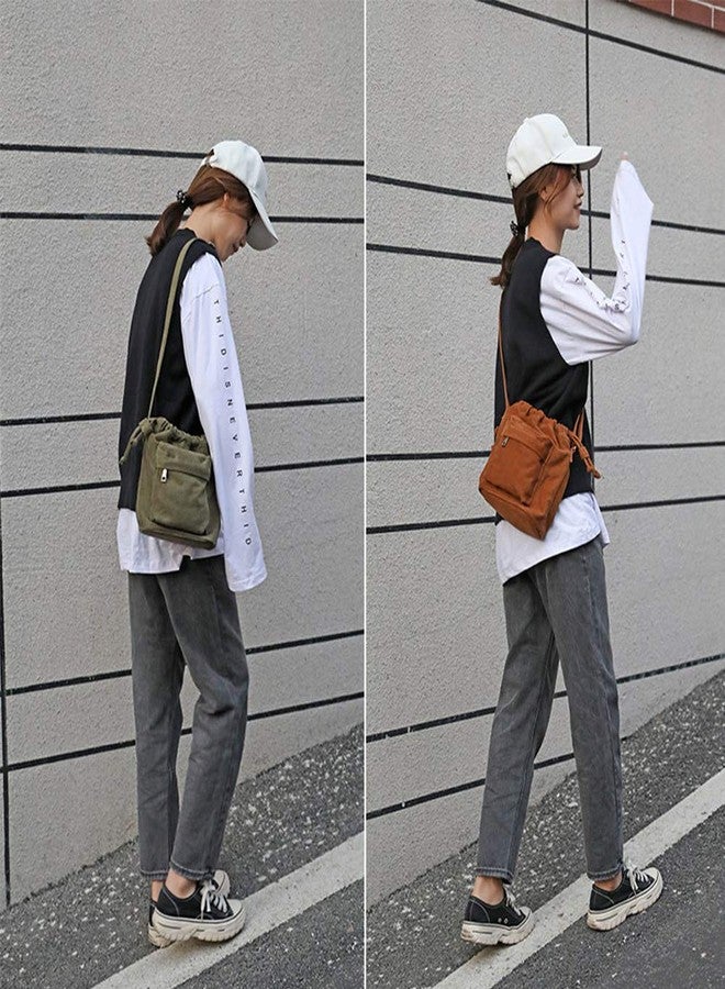 Barsine Women Small Canvas Purse Crossbody Bag Ladies Cute Little Drawstring Bucket Boho Purses, Olive Green - Image 2