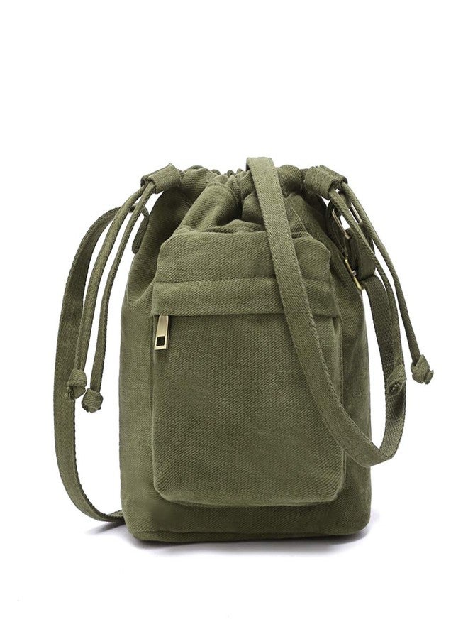 Barsine Women Small Canvas Purse Crossbody Bag Ladies Cute Little Drawstring Bucket Boho Purses, Olive Green - Image 1