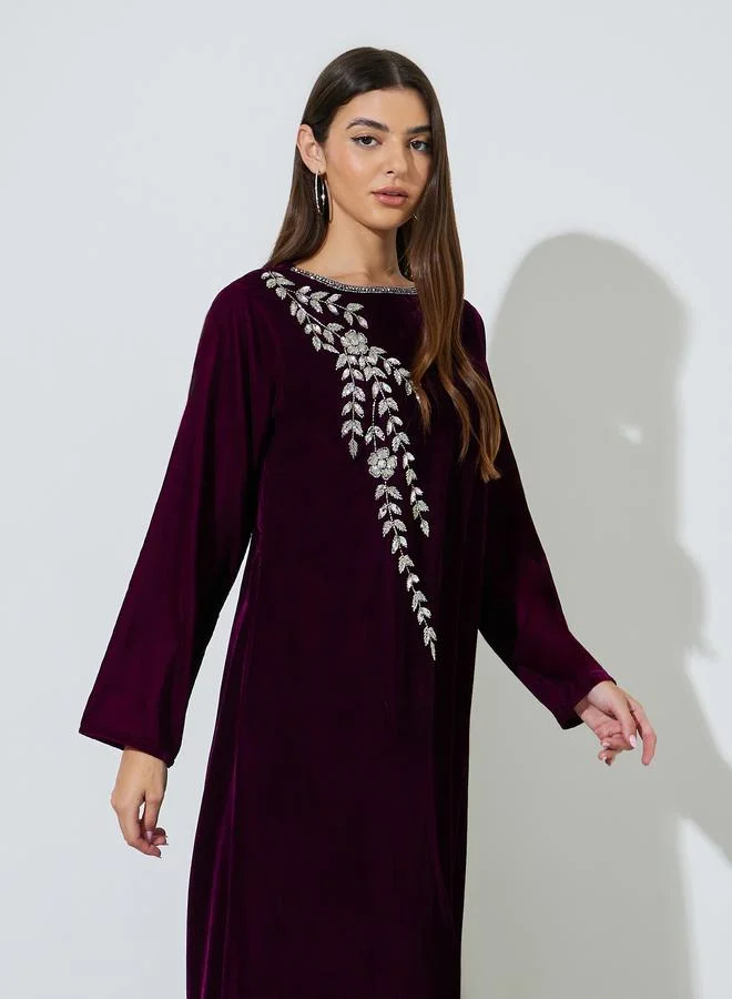 Amirah  Purple Long Sleeves Velvet Jalabiya with Intricate Hand Embroidery for Women | Best Price UAE