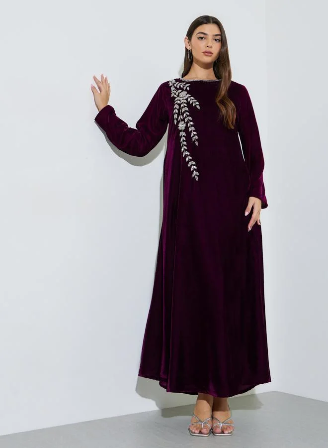 Purple Long Sleeves Velvet Jalabiya with Intricate Hand Embroidery