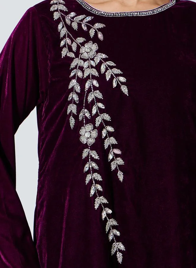 Amirah  Purple Long Sleeves Velvet Jalabiya with Intricate Hand Embroidery for Women | Best Price UAE