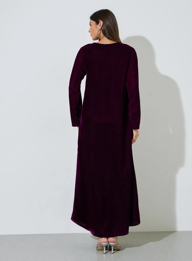 Amirah  Purple Long Sleeves Velvet Jalabiya with Intricate Hand Embroidery for Women | Best Price UAE