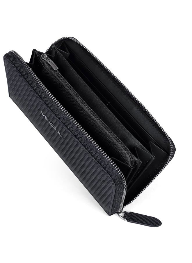 VISOUL Leather Long Zippered Pouch Wallet for Men with RFID Blocking, Large Carbon Fiber Leather Clutch Cash Long Wallet with Zipper (Black+Black) - Image 1