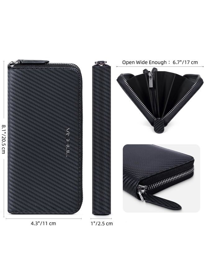 VISOUL Leather Long Zippered Pouch Wallet for Men with RFID Blocking, Large Carbon Fiber Leather Clutch Cash Long Wallet with Zipper (Black+Black) - Image 4