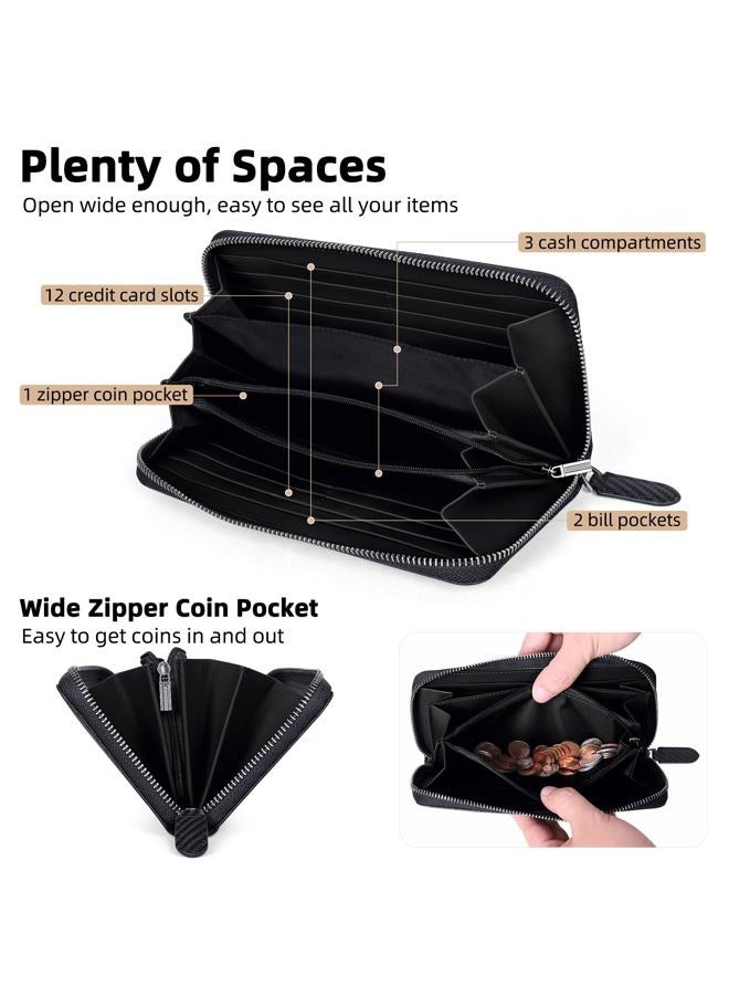 VISOUL Leather Long Zippered Pouch Wallet for Men with RFID Blocking, Large Carbon Fiber Leather Clutch Cash Long Wallet with Zipper (Black+Black) - Image 2