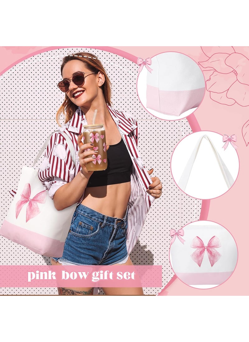 Reginary Reginary 3 Pcs Mothers Day Gifts for Women Canvas Tote Bags Set Large Tote Bag Makeup and 16 oz Glass Cup with Lid Straw Cute Funny Bow Dog Lover Birthday Gift for Women FriendPink Bow  - Image 3