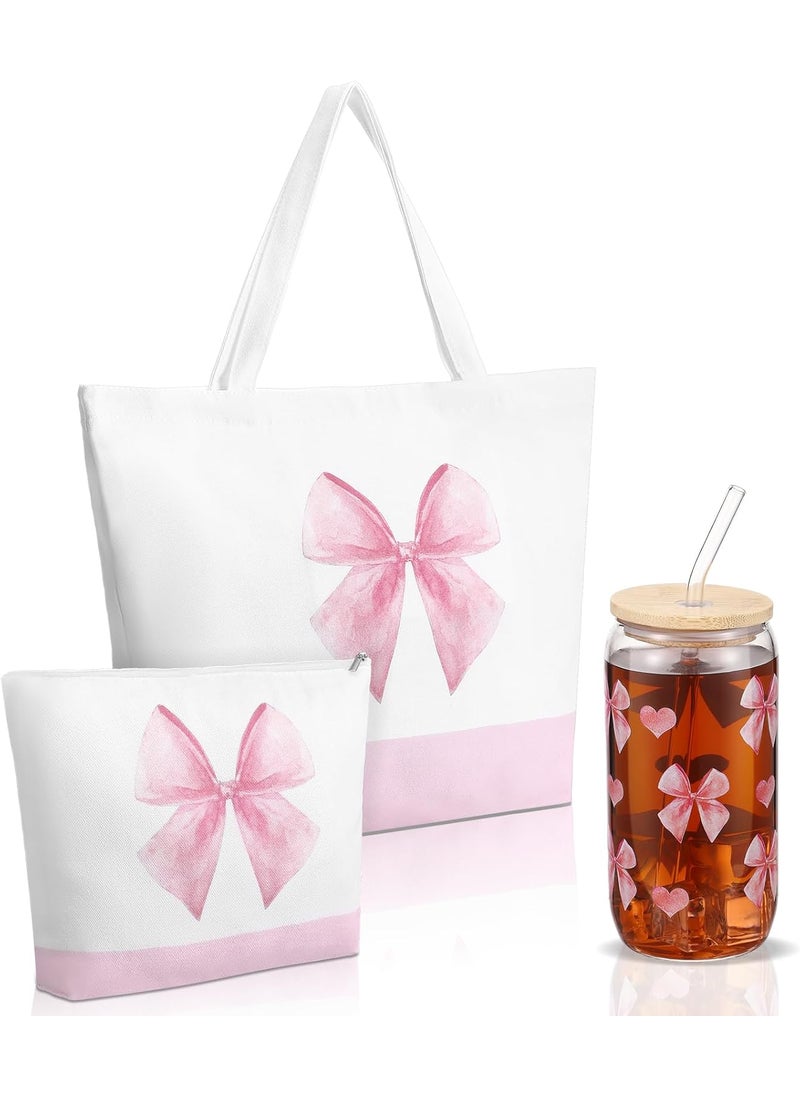 Reginary Reginary 3 Pcs Mothers Day Gifts for Women Canvas Tote Bags Set Large Tote Bag Makeup and 16 oz Glass Cup with Lid Straw Cute Funny Bow Dog Lover Birthday Gift for Women FriendPink Bow  - Image 1