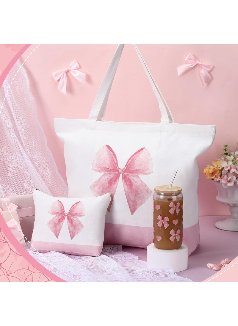 Reginary Reginary 3 Pcs Mothers Day Gifts for Women Canvas Tote Bags Set Large Tote Bag Makeup and 16 oz Glass Cup with Lid Straw Cute Funny Bow Dog Lover Birthday Gift for Women FriendPink Bow  - Image 4