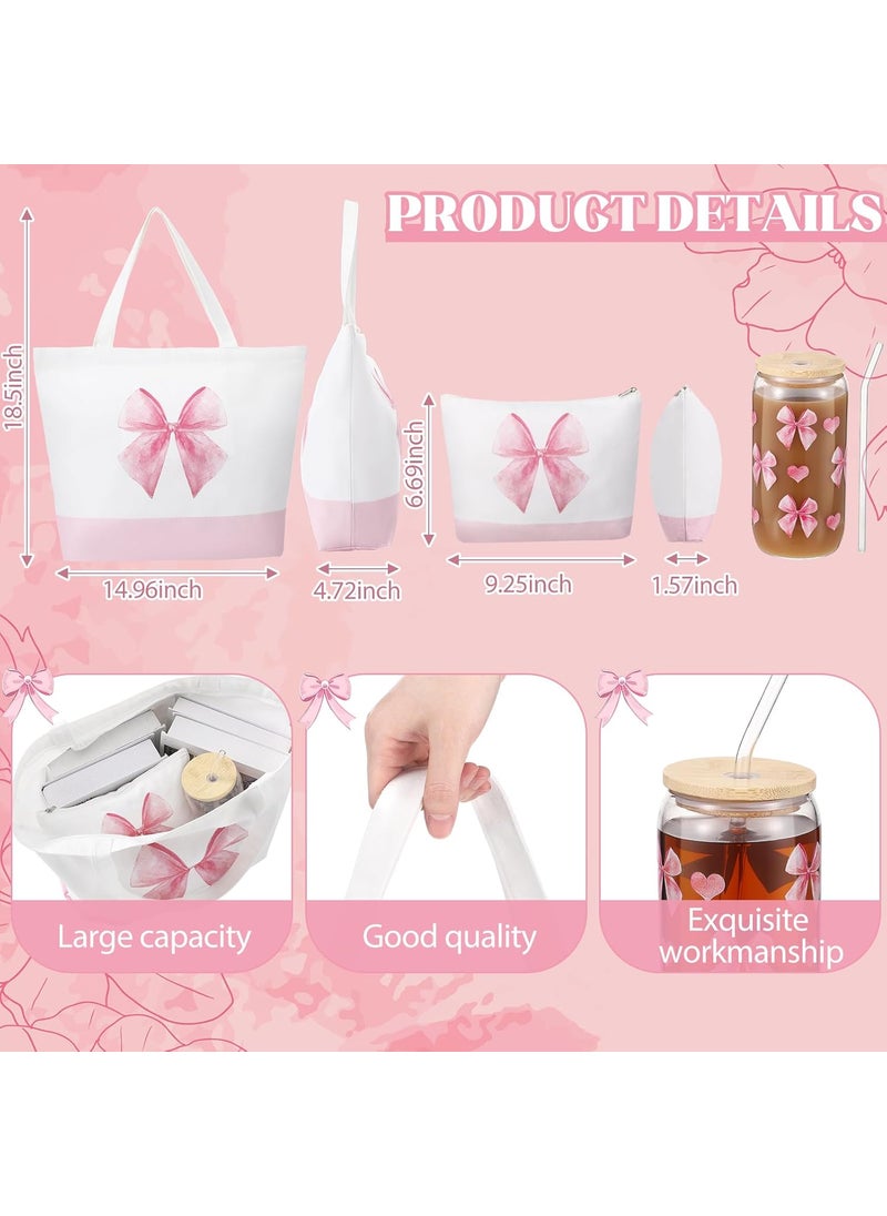 Reginary Reginary 3 Pcs Mothers Day Gifts for Women Canvas Tote Bags Set Large Tote Bag Makeup and 16 oz Glass Cup with Lid Straw Cute Funny Bow Dog Lover Birthday Gift for Women FriendPink Bow  - Image 2