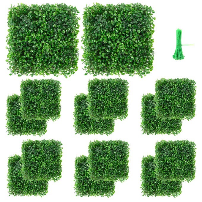 12 PACKS 10X10 ARTIFICIAL BOXWOOD HEDGES MAT WITH CABLE TIES GRASS WALL PANELS UV PRIVACY FENCE SCREEN GREENERY PANEL FOR INDOOR OUTDOOR DECOR