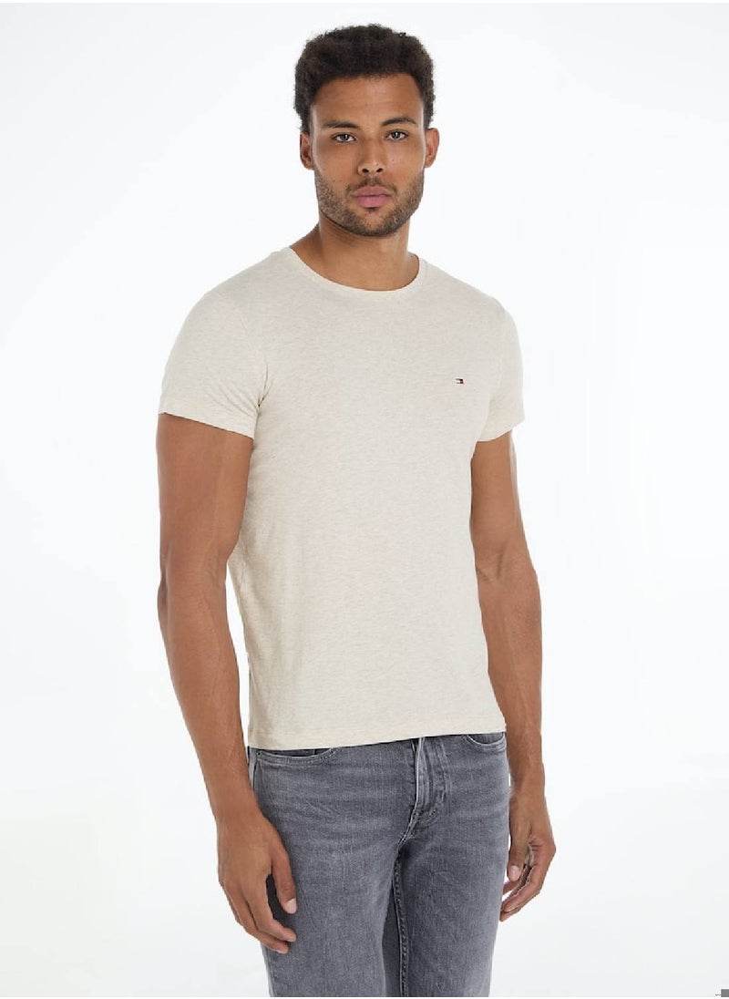 TOMMY HILFIGER Men's Flag Embroidery Extra Slim Fit T-Shirt -  Stretch cotton, Beige  - Image 1