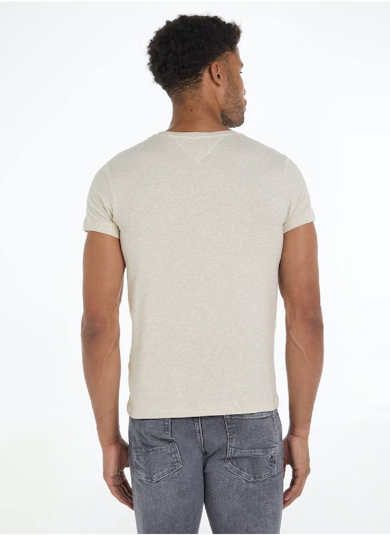 TOMMY HILFIGER Men's Flag Embroidery Extra Slim Fit T-Shirt -  Stretch cotton, Beige  - Image 3