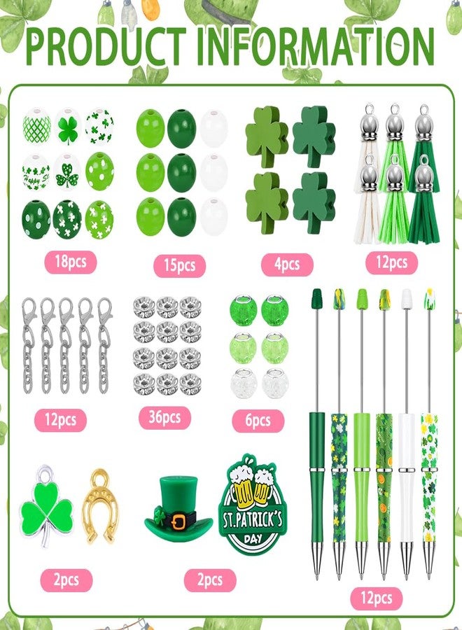 Vellibring 12 Set St Patricks Day Beadable Pens Plastic Bead Pens Clover Green Bulk Ballpoint DIY Crafting Pens Making Kit with Pendants Lobster Clasps for Students Teens School Office Supplies - Image 2