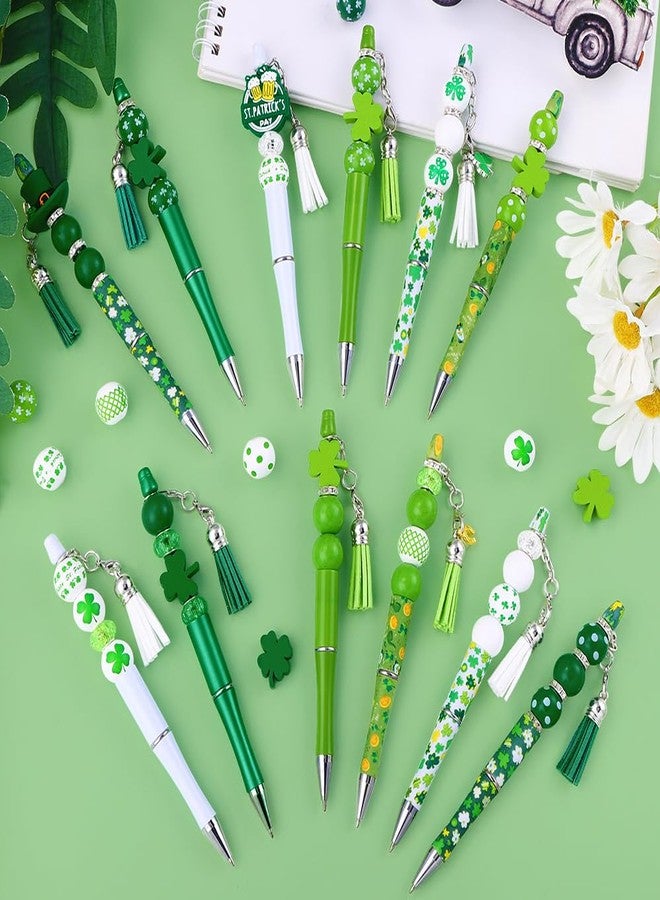 Vellibring 12 Set St Patricks Day Beadable Pens Plastic Bead Pens Clover Green Bulk Ballpoint DIY Crafting Pens Making Kit with Pendants Lobster Clasps for Students Teens School Office Supplies - Image 5