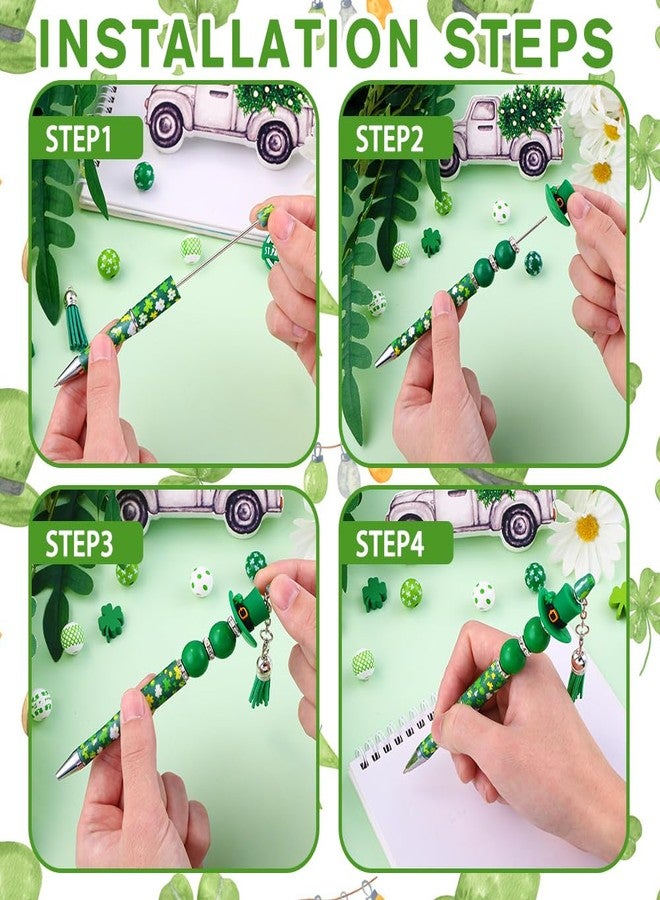 Vellibring 12 Set St Patricks Day Beadable Pens Plastic Bead Pens Clover Green Bulk Ballpoint DIY Crafting Pens Making Kit with Pendants Lobster Clasps for Students Teens School Office Supplies - Image 4