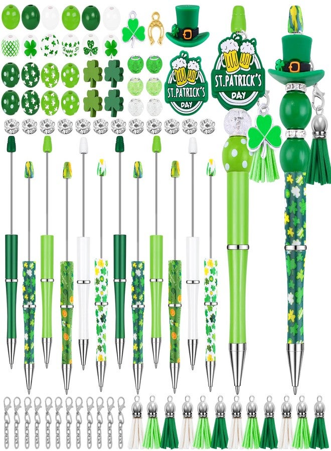 Vellibring 12 Set St Patricks Day Beadable Pens Plastic Bead Pens Clover Green Bulk Ballpoint DIY Crafting Pens Making Kit with Pendants Lobster Clasps for Students Teens School Office Supplies - Image 1