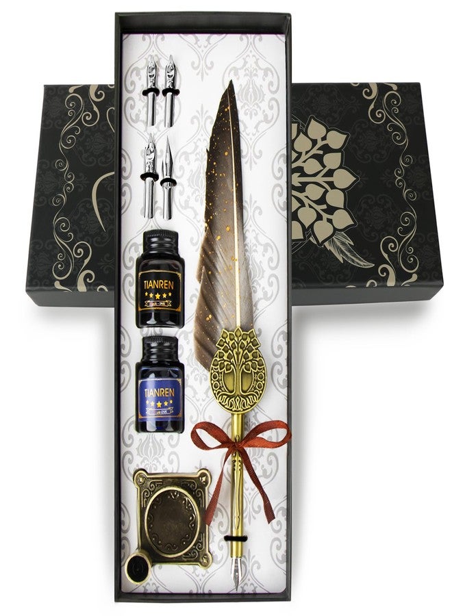 TIANREN Feather Pen and Ink Set,quill pen ink set,Antique Calligraphy Pen with 4 Replaceable Nibs,2 Bottle of ink,Pen Holder Christmas Gift for Men&Women.(Gray) - Image 1