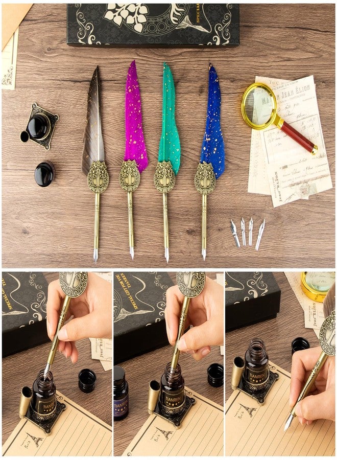 TIANREN Feather Pen and Ink Set,quill pen ink set,Antique Calligraphy Pen with 4 Replaceable Nibs,2 Bottle of ink,Pen Holder Christmas Gift for Men&Women.(Gray) - Image 2