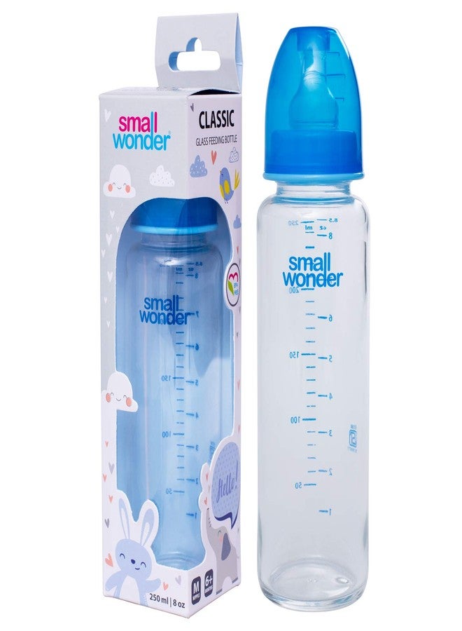 SMALL WONDER زجاجة رضاعة أطفال من زجاج البوروسيليكات من سمول وندر - 250 مل، عبوة من قطعة واحدة | خالية تمامًا من مادة BPA وحلمة سيليكون مضادة للمغص | رضاعة آمنة ومريحة للرضع، لون أزرق - Image 1