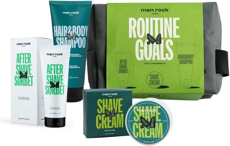 Men Rock Mens Wash Bag Gift Set Shaving Cream Aftershave Balm Body Wash Mens Shampoo in Travel Bag Premium Mens Toiletry Gift Set Mens Grooming Kit Ideal Mens Gift Sets Toiletries Set