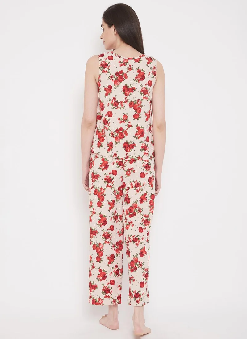Clovia Red Clovia Pretty Florals Top & Pyjama in Beige- Crepe for Women | Best Price UAE