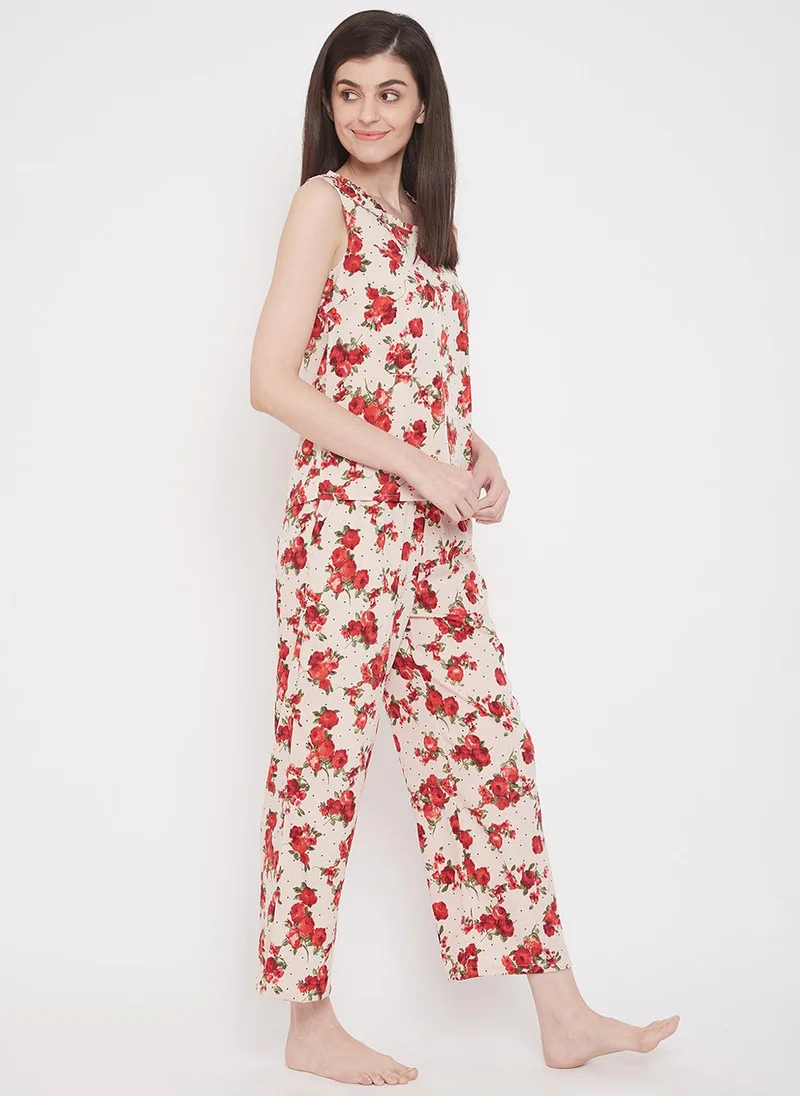 Clovia Clovia Pretty Florals Top & Pyjama in Beige- Crepe