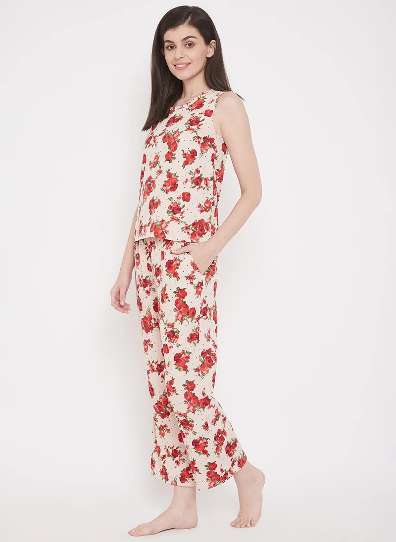 Clovia Red Clovia Pretty Florals Top & Pyjama in Beige- Crepe for Women | Best Price UAE