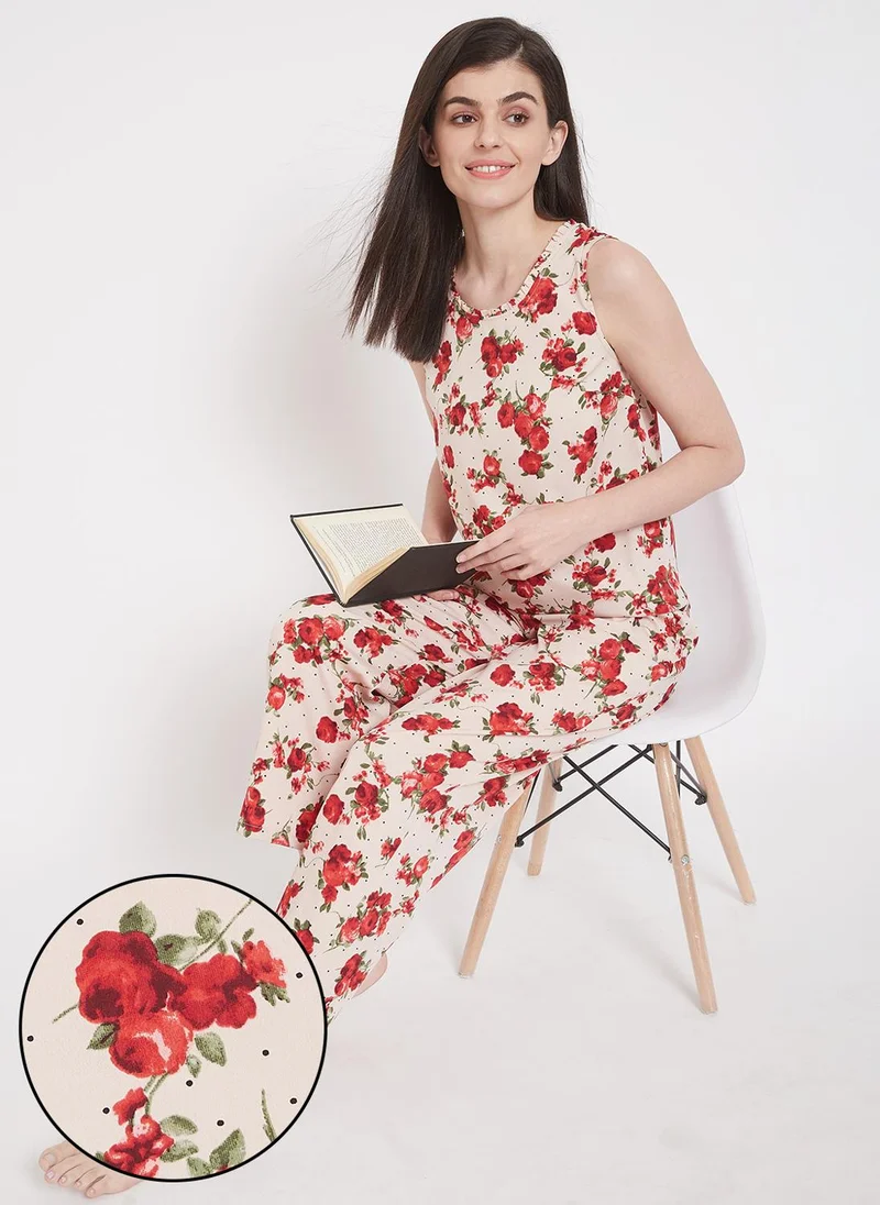 Clovia Clovia Pretty Florals Top & Pyjama in Beige- Crepe