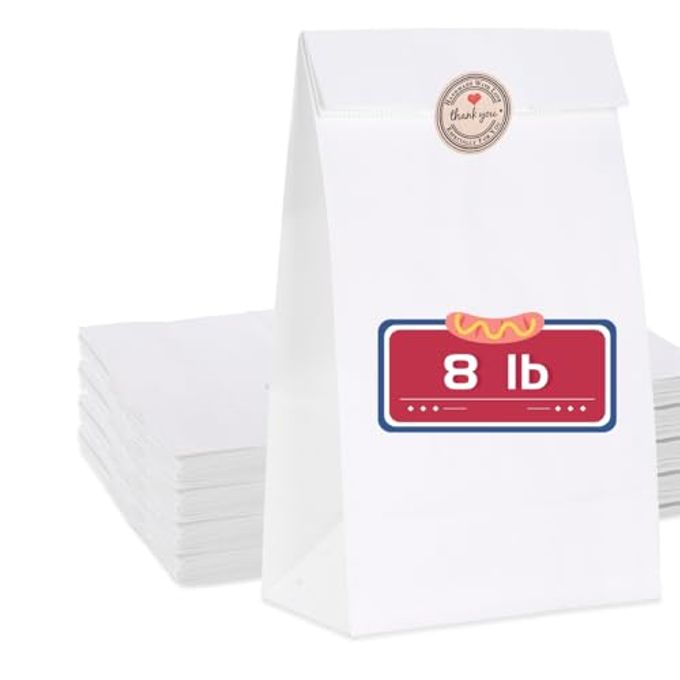 GRANDAN 200 Pack 8 Lb Paper Lunch Bags, Pre-folded 6.1x4x11.8'' Food Grade Recyclable White Kraft Sack Bags for Homemade Food Packing Storage, Bonus Label Seal Stickers - Image 1
