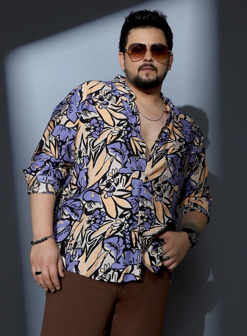 Instafab Plus Instafab Plus Men Cluster-Botanical Imprint Shirt | Spread Collar , Long Cuffed Sleeves | Button Closure , Curved Hem | Floral Print Woven Fabric For Casual & Evening Wear | Steel Blue & Ecru Beige