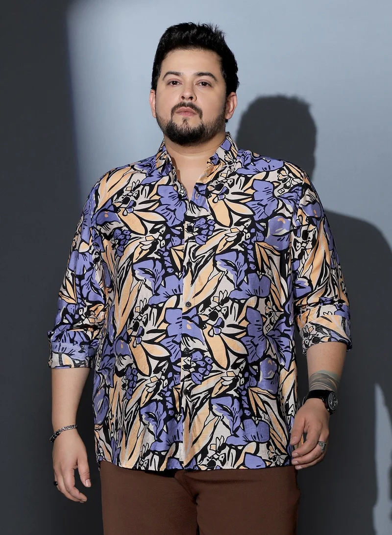 Instafab Plus Instafab Plus Men Cluster-Botanical Imprint Shirt | Spread Collar , Long Cuffed Sleeves | Button Closure , Curved Hem | Floral Print Woven Fabric For Casual & Evening Wear | Steel Blue & Ecru Beige