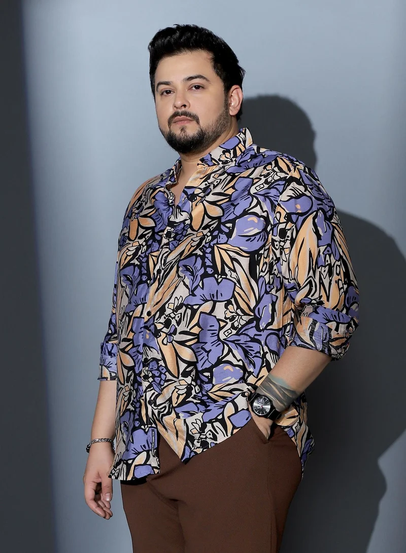 Instafab Plus  Instafab Plus Men Cluster-Botanical Imprint Shirt | Spread Collar , Long Cuffed Sleeves | Button Closure , Curved Hem | Floral Print Woven Fabric For Casual & Evening Wear | Steel Blue & Ecru Beige for Men | Best Price UAE