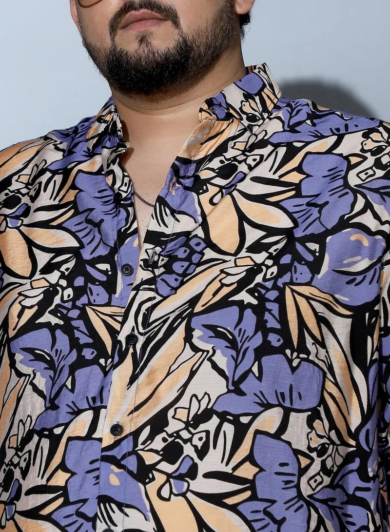 Instafab Plus  Instafab Plus Men Cluster-Botanical Imprint Shirt | Spread Collar , Long Cuffed Sleeves | Button Closure , Curved Hem | Floral Print Woven Fabric For Casual & Evening Wear | Steel Blue & Ecru Beige for Men | Best Price UAE