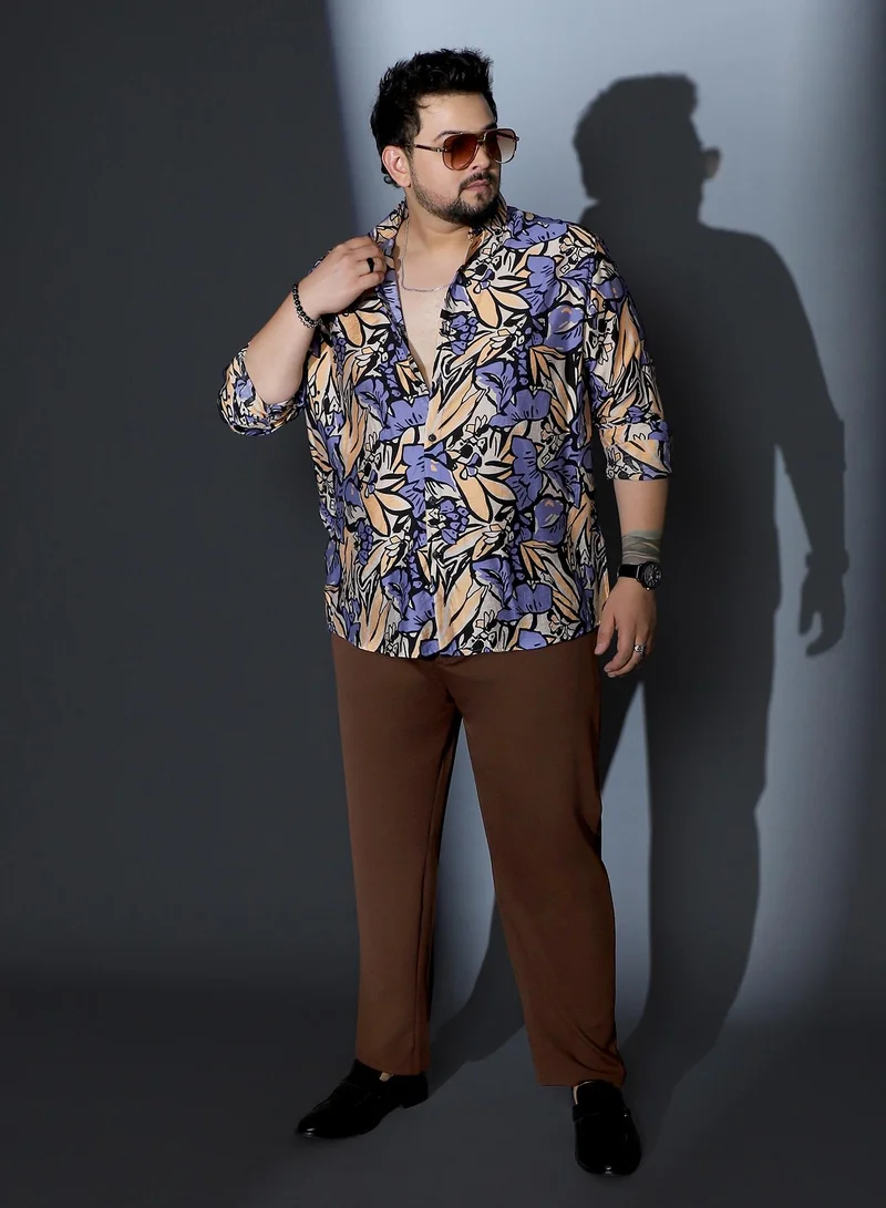 Instafab Plus  Instafab Plus Men Cluster-Botanical Imprint Shirt | Spread Collar , Long Cuffed Sleeves | Button Closure , Curved Hem | Floral Print Woven Fabric For Casual & Evening Wear | Steel Blue & Ecru Beige for Men | Best Price UAE