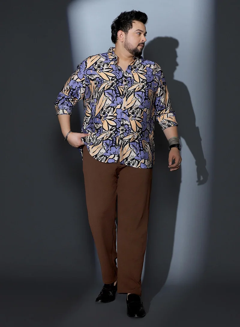 Instafab Plus  Instafab Plus Men Cluster-Botanical Imprint Shirt | Spread Collar , Long Cuffed Sleeves | Button Closure , Curved Hem | Floral Print Woven Fabric For Casual & Evening Wear | Steel Blue & Ecru Beige for Men | Best Price UAE