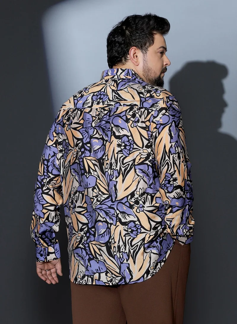 Instafab Plus  Instafab Plus Men Cluster-Botanical Imprint Shirt | Spread Collar , Long Cuffed Sleeves | Button Closure , Curved Hem | Floral Print Woven Fabric For Casual & Evening Wear | Steel Blue & Ecru Beige for Men | Best Price UAE