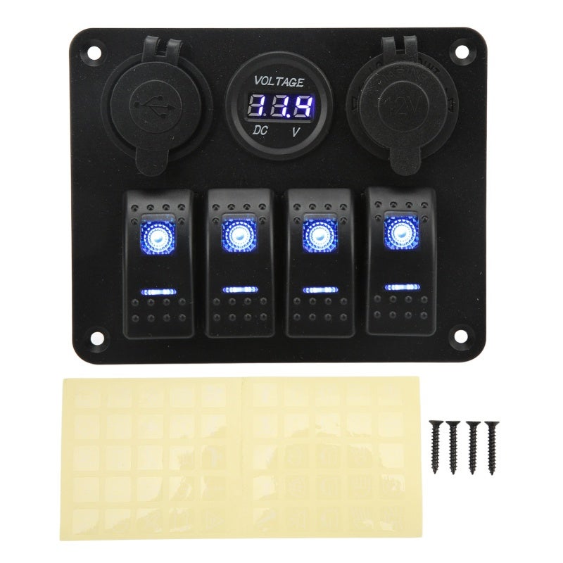 Marine 4 Gang Rocker Switch Panel with USB Charger Voltage Monitor - Marine ABS Waterproof IP65 for 12V-24V Vehicles Ships Yachts - Image 1