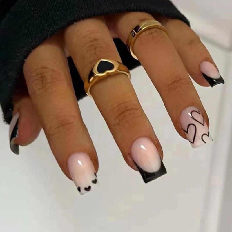 Maigitur French Tip Press on Nails Short Square Fake Nails Black Acrylic Nails with White Heart Design Stick on Nails Artificial Full Cover Glossy Glue on Nails for Women Girls Valentine's Day Manicure 24pcsâ€¦ - Image 1