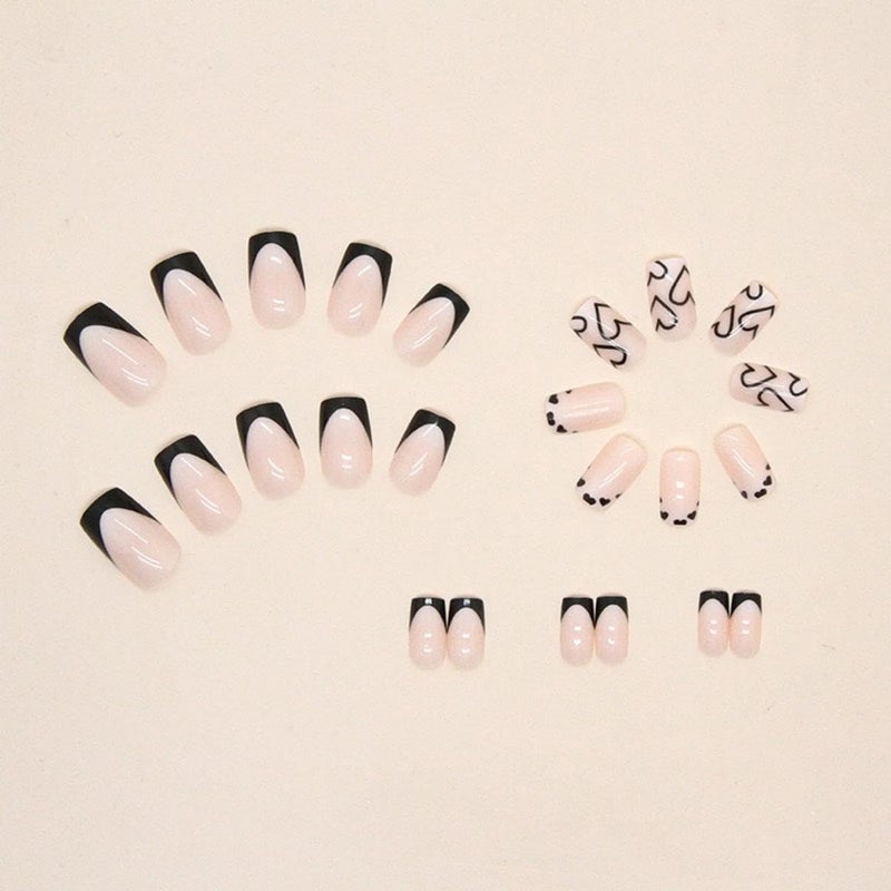 Maigitur French Tip Press on Nails Short Square Fake Nails Black Acrylic Nails with White Heart Design Stick on Nails Artificial Full Cover Glossy Glue on Nails for Women Girls Valentine's Day Manicure 24pcsâ€¦ - Image 4