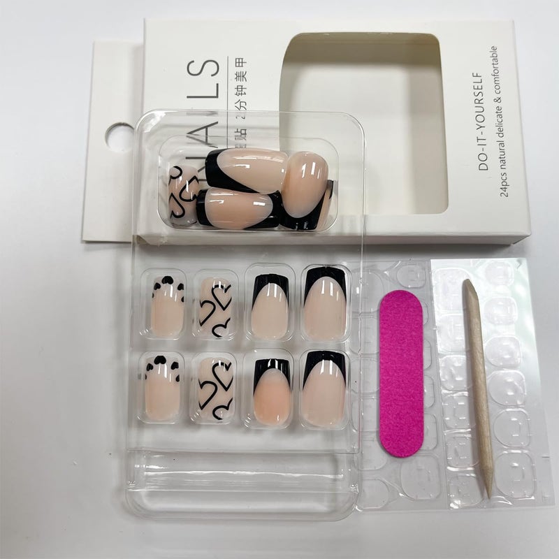 Maigitur French Tip Press on Nails Short Square Fake Nails Black Acrylic Nails with White Heart Design Stick on Nails Artificial Full Cover Glossy Glue on Nails for Women Girls Valentine's Day Manicure 24pcsâ€¦ - Image 5