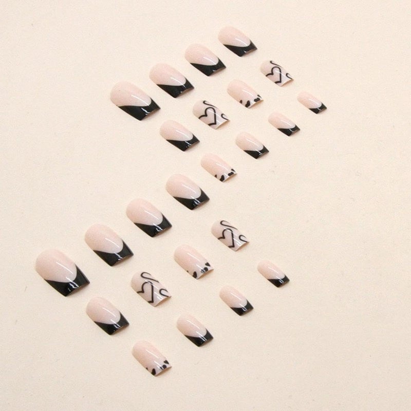 Maigitur French Tip Press on Nails Short Square Fake Nails Black Acrylic Nails with White Heart Design Stick on Nails Artificial Full Cover Glossy Glue on Nails for Women Girls Valentine's Day Manicure 24pcsâ€¦ - Image 3