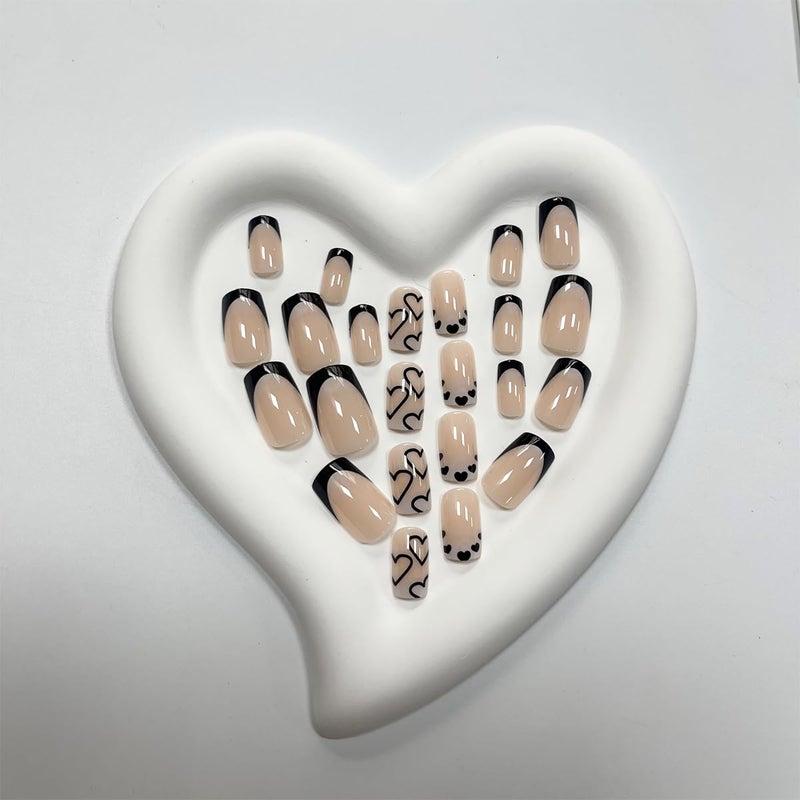 Maigitur French Tip Press on Nails Short Square Fake Nails Black Acrylic Nails with White Heart Design Stick on Nails Artificial Full Cover Glossy Glue on Nails for Women Girls Valentine's Day Manicure 24pcsâ€¦ - Image 2