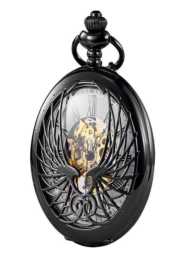 TREEWETO Skeleton Eagle Wings Design Black Case Roman Numeral Markers Mechanical Pocket Watch - Image 1