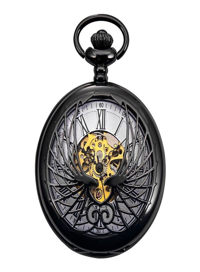 TREEWETO Skeleton Eagle Wings Design Black Case Roman Numeral Markers Mechanical Pocket Watch - Image 2